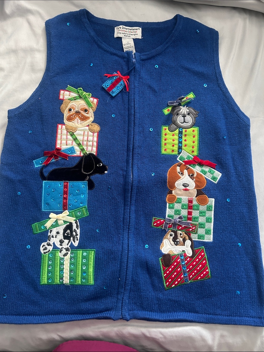Blue Holiday Vest with Playful Puppy Present Appliques